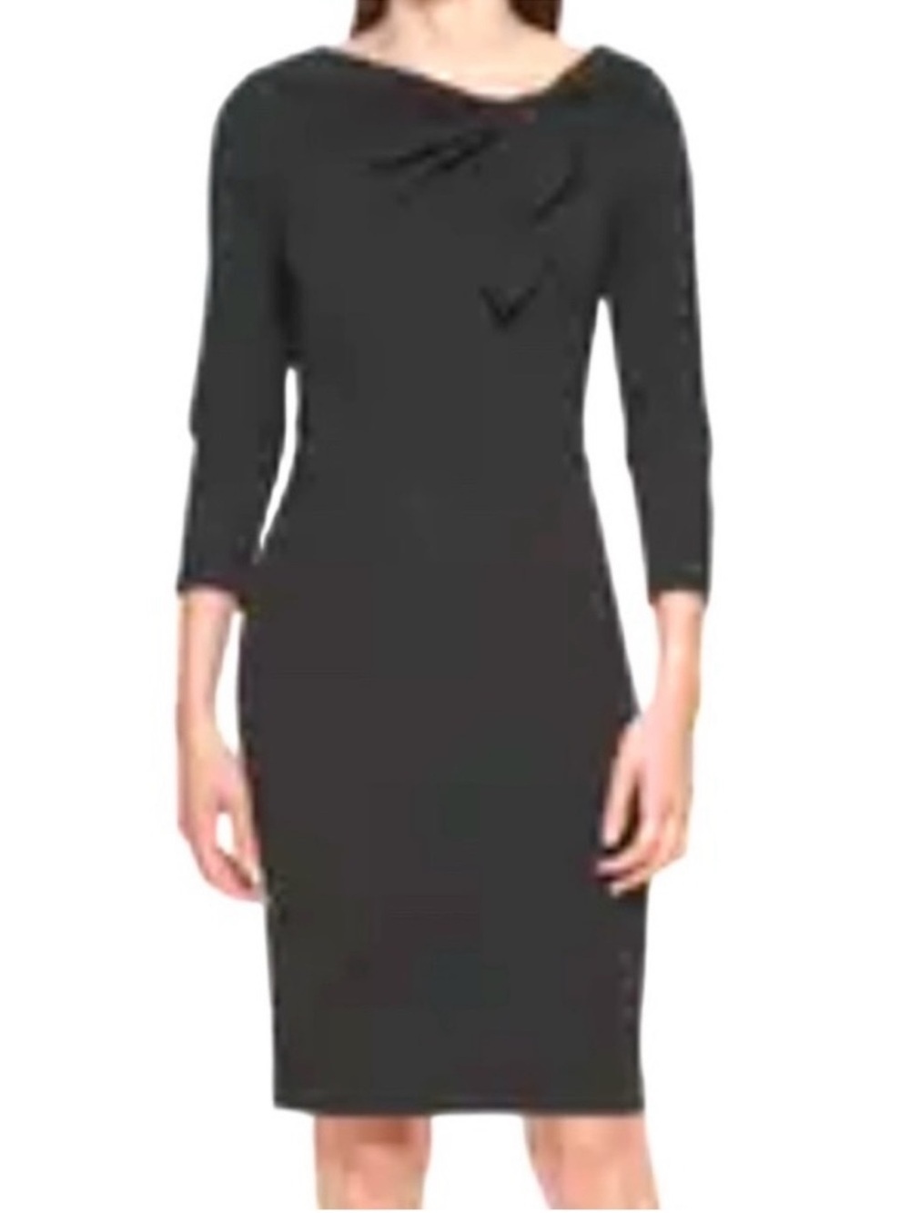Calvin Klein Tailored Dress 3/4 Sleeves Asymmetrical Neckline Bow Black Size 8